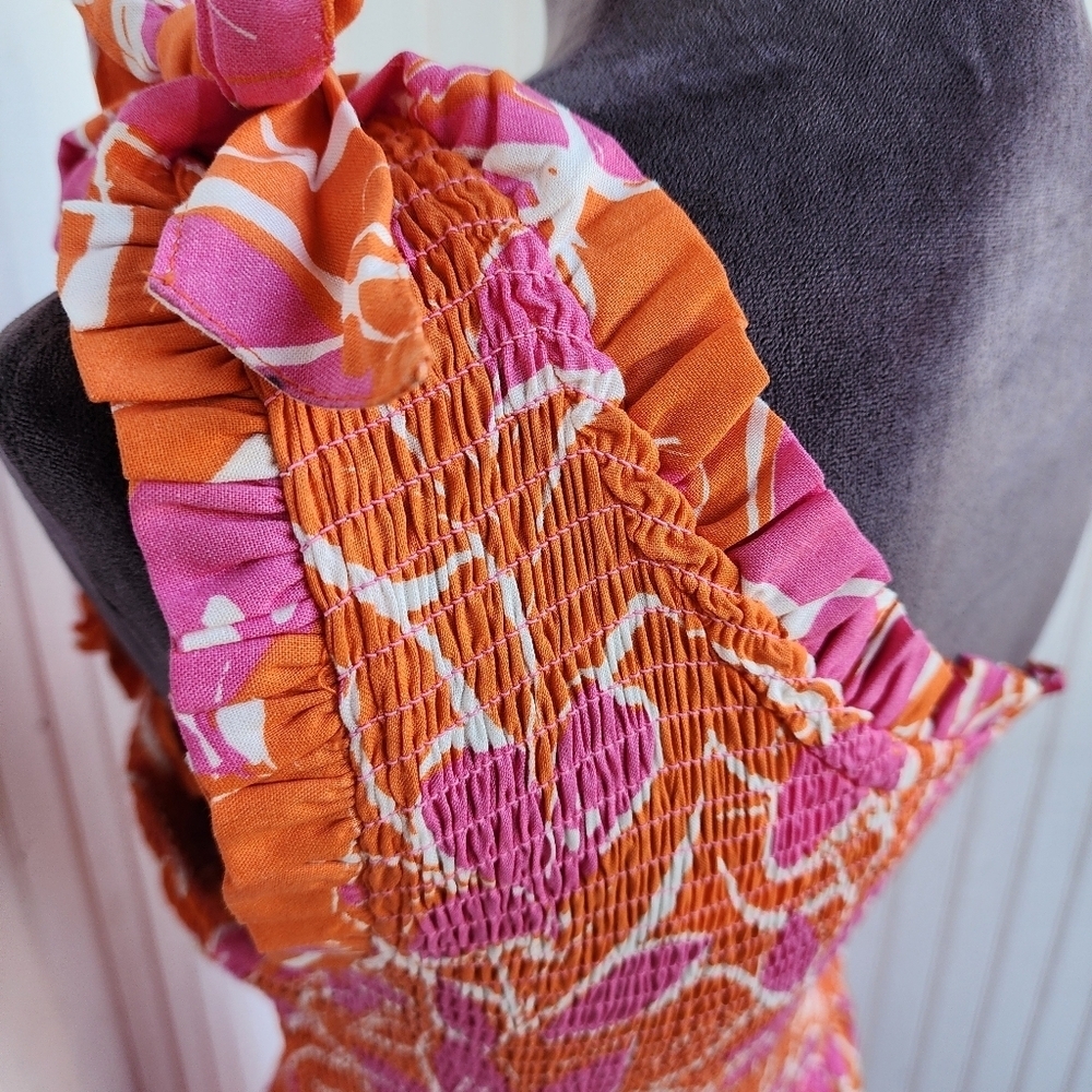 NWT Japna Maxi Dress One Shoulder Floral Summer Dress Smocked Orange Pink M - Picture 9 of 15
